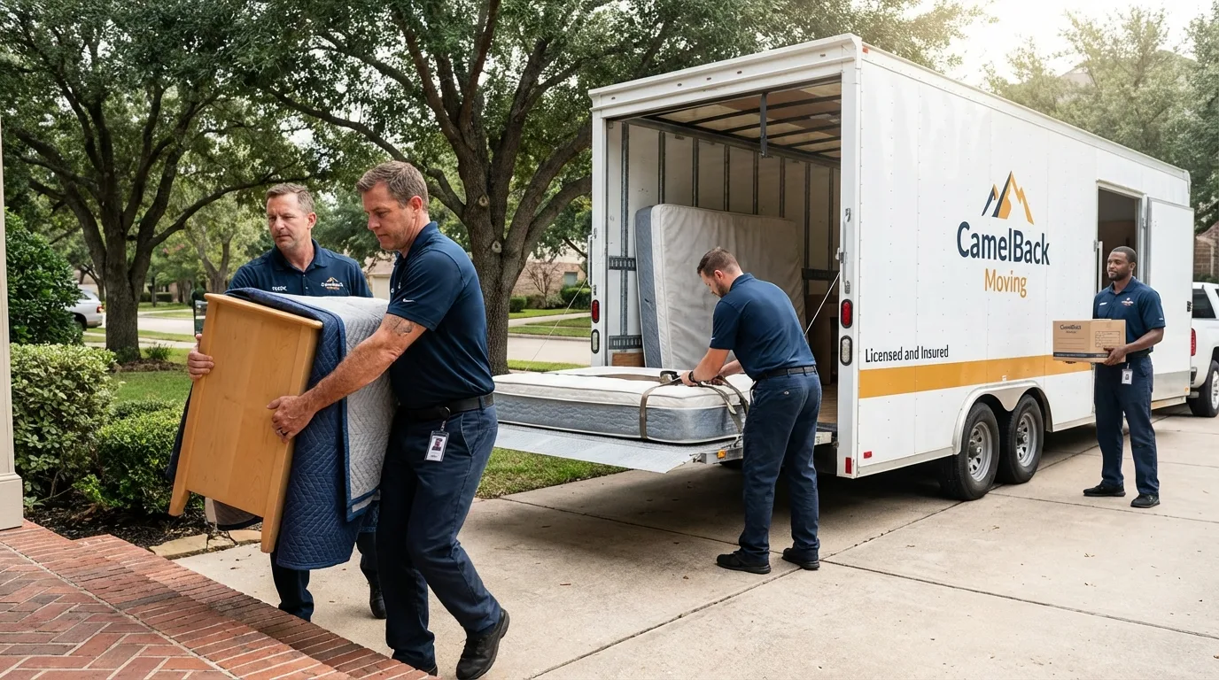 Crew loading residential truck for cross-state move from Dakota City, IA