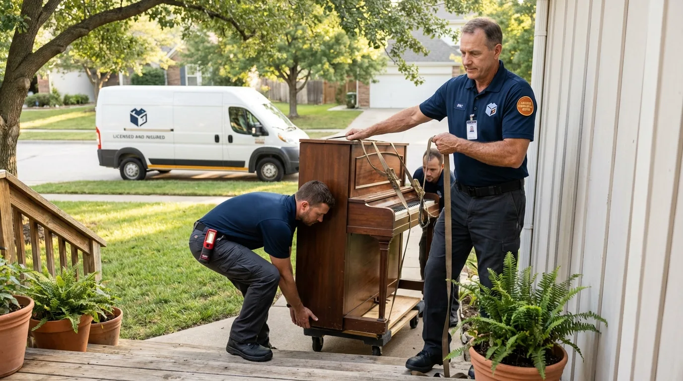 Licensed piano movers securing grand piano in Dakota City, IA