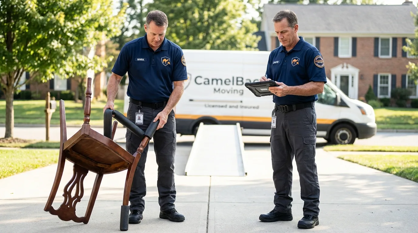 Movers inspecting furniture for damage prevention before loading in Dakota City, IA