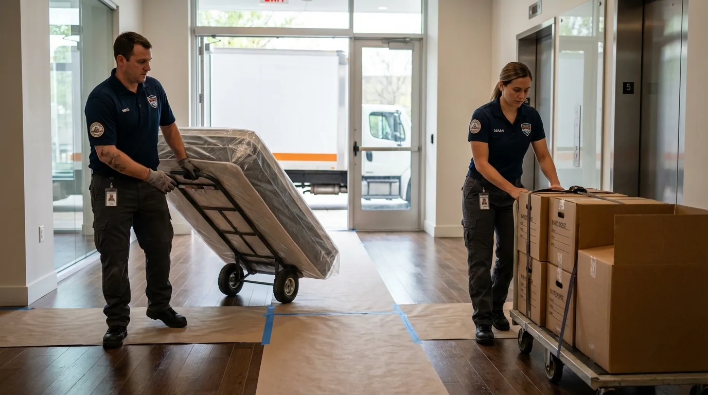 Professional apartment movers loading elevator in Dakota City, IA