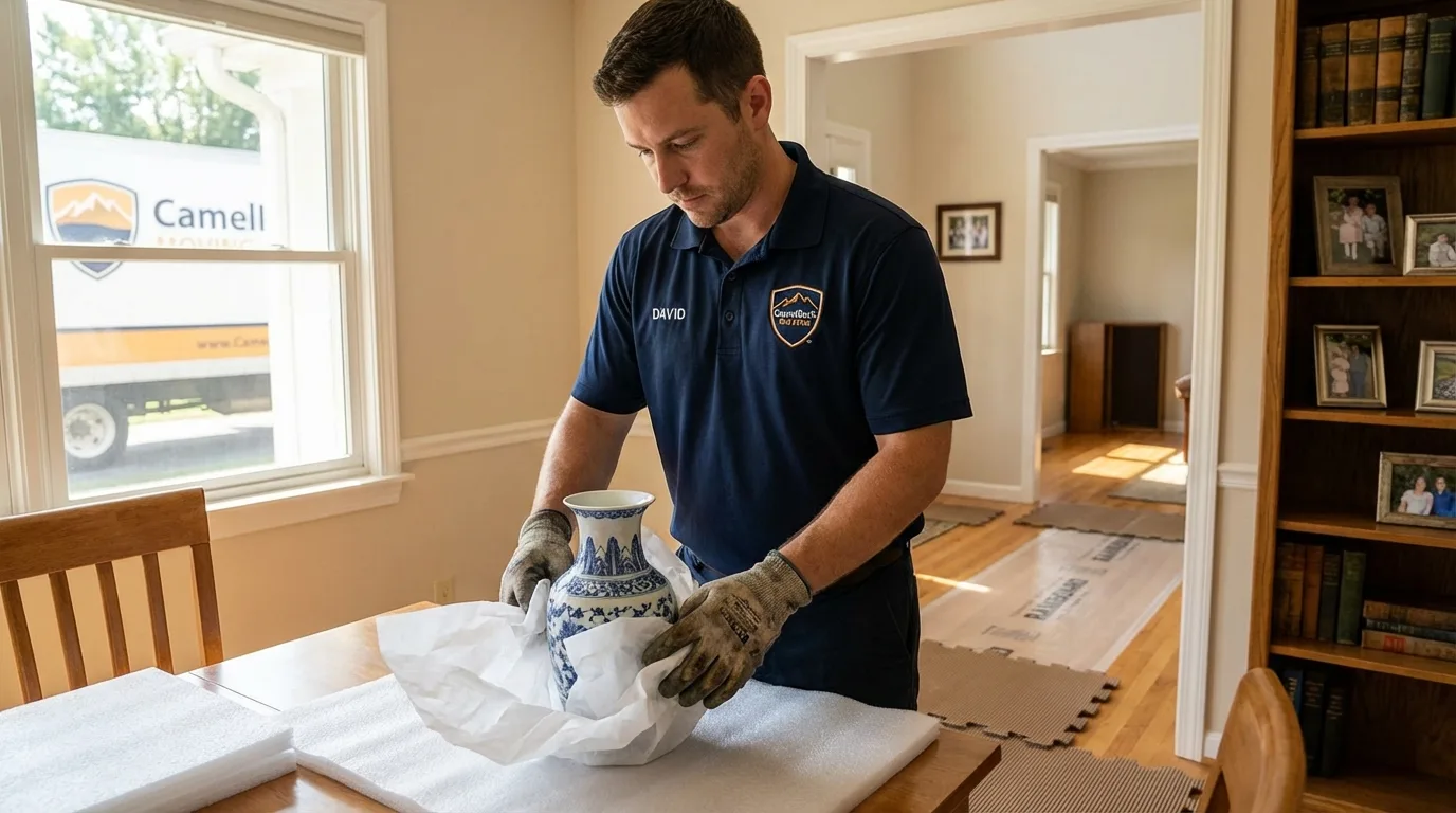Professional crew carefully wrapping antique vase for senior downsizing move in Dakota City, IA